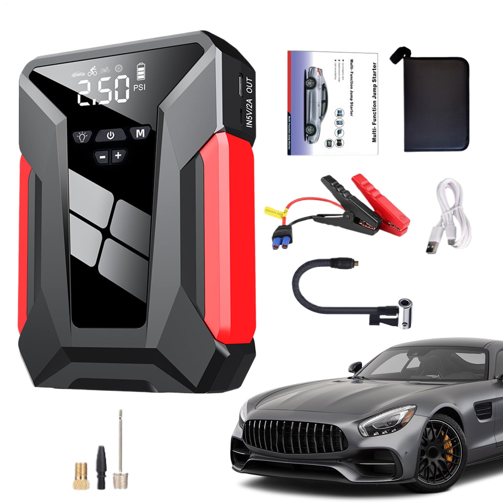 Avviatore per Batteria Auto Caricabatterie Portatile per Auto con Funzione | Alimentatore Auto a Lunga Durata con Accessorio Gonfia Pneumatici per Viaggi e Emergenze