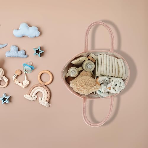 Miniatura 6 de Organizador de pañales de cuerda de algodón, cesta de bebé, almacenamiento y bolsa portátil para automóvil, ideal para baby shower, regalos y Rosa