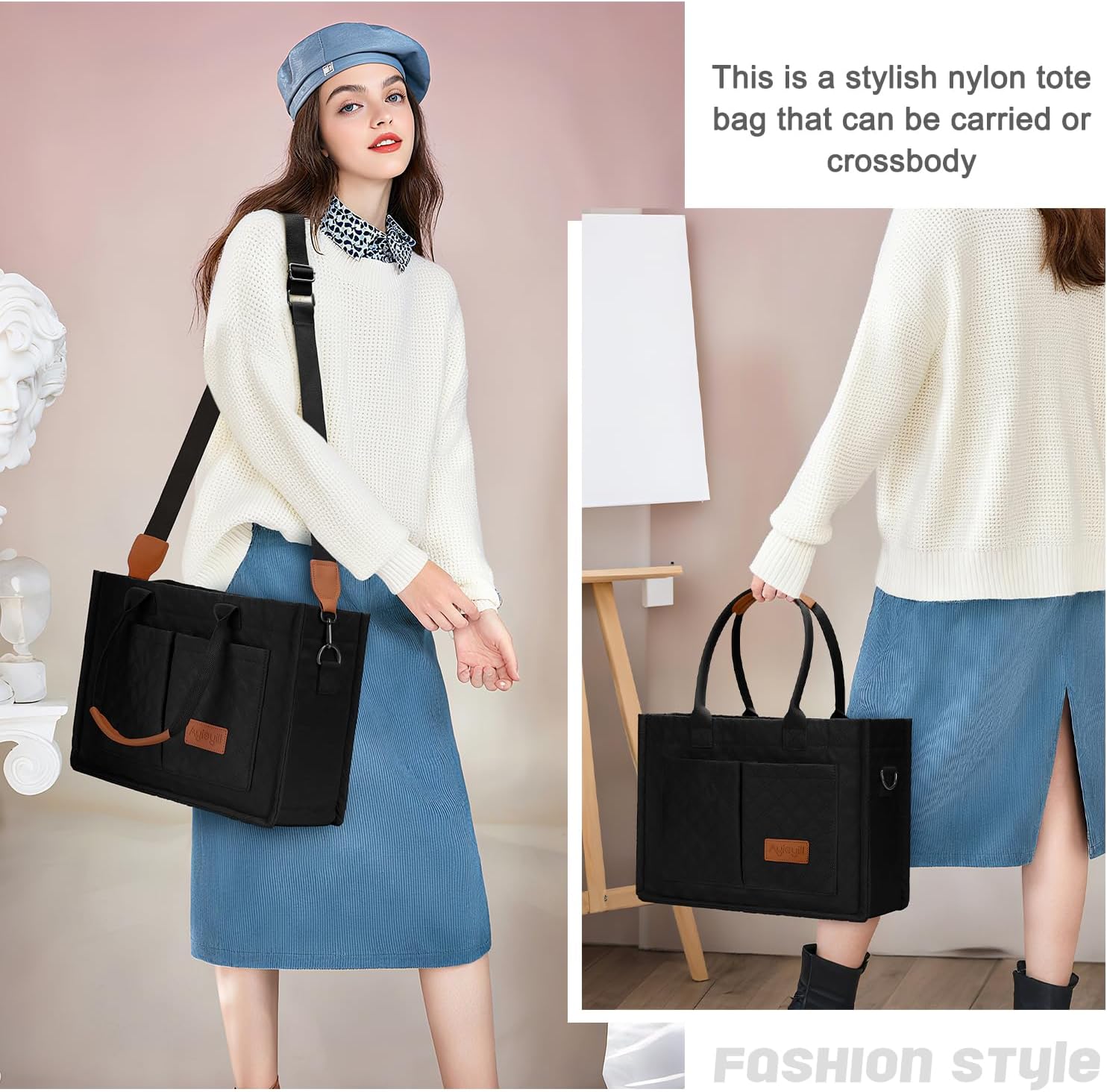 Tote Bag for Women with Pockets Compartments, Crossbody Bag Nylon Tote Shoulder Handbags Casual Work Bags Everything Tote Bag - Image 2