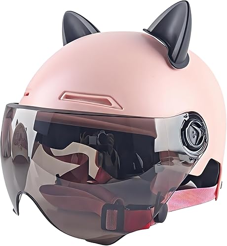 Medio casco vintage para motocicleta para adultos, con visera solar, orejas de gato, retro, ligero, cara abierta, ciclomotor, para hombres y
