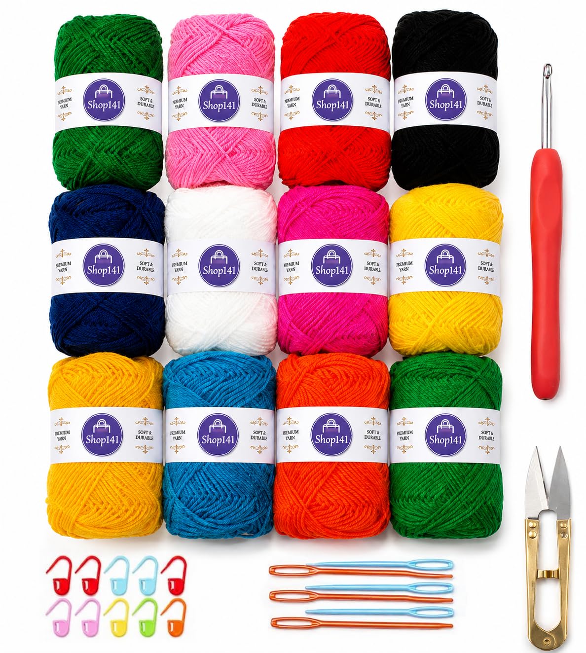 Shop141 30 Pcs Crochet Kit for Beginners with 12 Multicolor Yarn Balls, Crochet Hook, Stitch Markers, Yarn Needles & Thread Cutter | Complete Knitting & Crocheting Starter Set for DIY Crafts, Amigurumi & Handmade Projects (12 Multicolor)