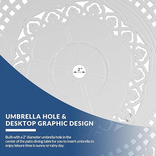 Miniatura 10 de Mesa de comedor al aire libre de 35.4 pulgadas, mesa cuadrada de patio de aluminio fundido de bronce, mesa grande rústica con agujero para paraguas