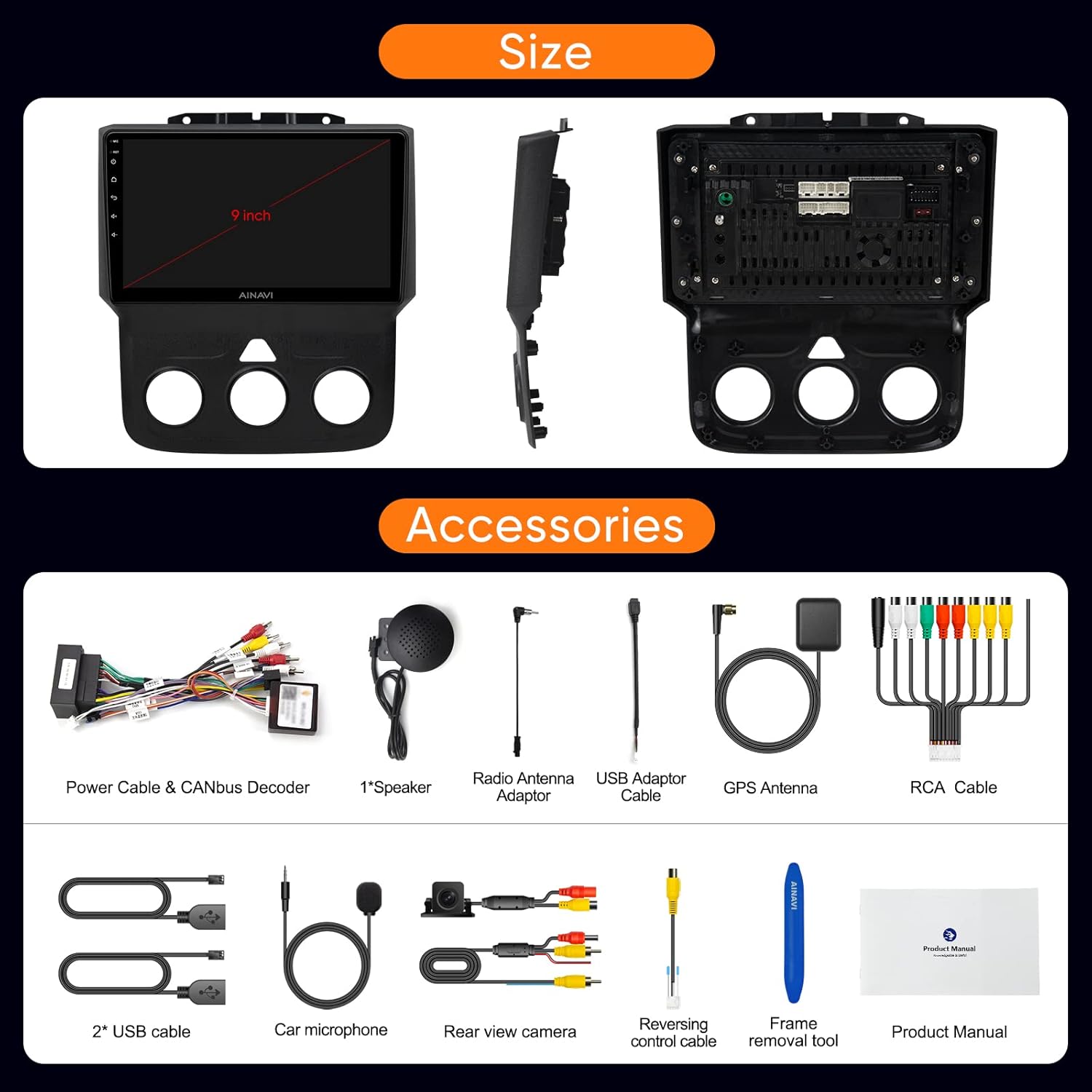 Contents of the AINAVI car stereo box, including head unit, cables, camera, and accessories