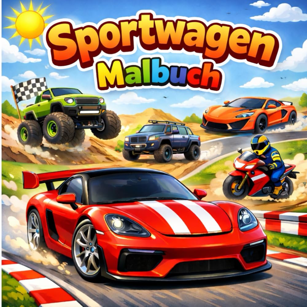 Malbuch Autos für Kinder: 40 spannende Fahrzeuge zum Ausmalen – Rennwagen, Motorrad, Monstertrucks & mehr