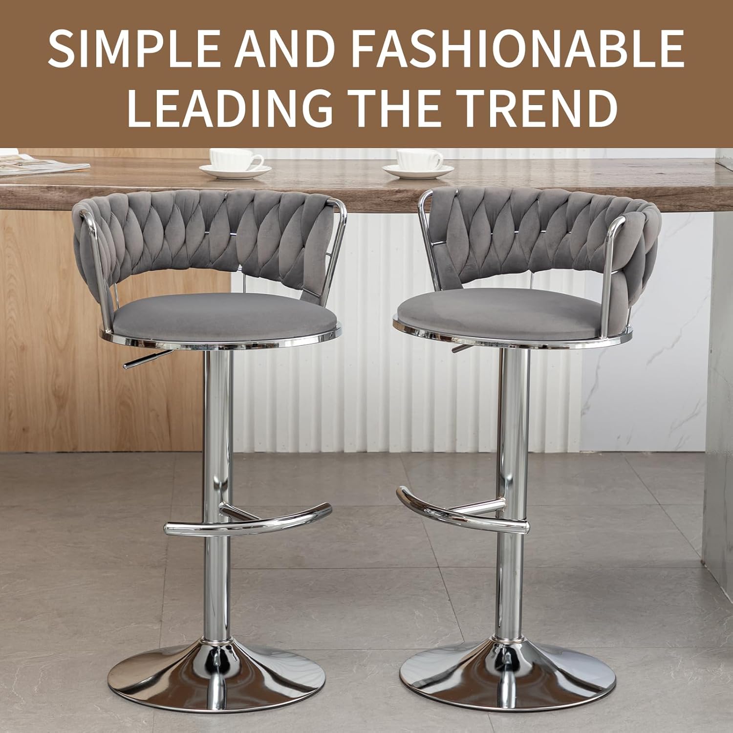 Velvet Bar Stools Set of 3, Modern Swivel Barstools with Woven Backrest, Adjustable Counter Stools for Kitchen Island, Dining Room, Cafe, Pub (Grey)