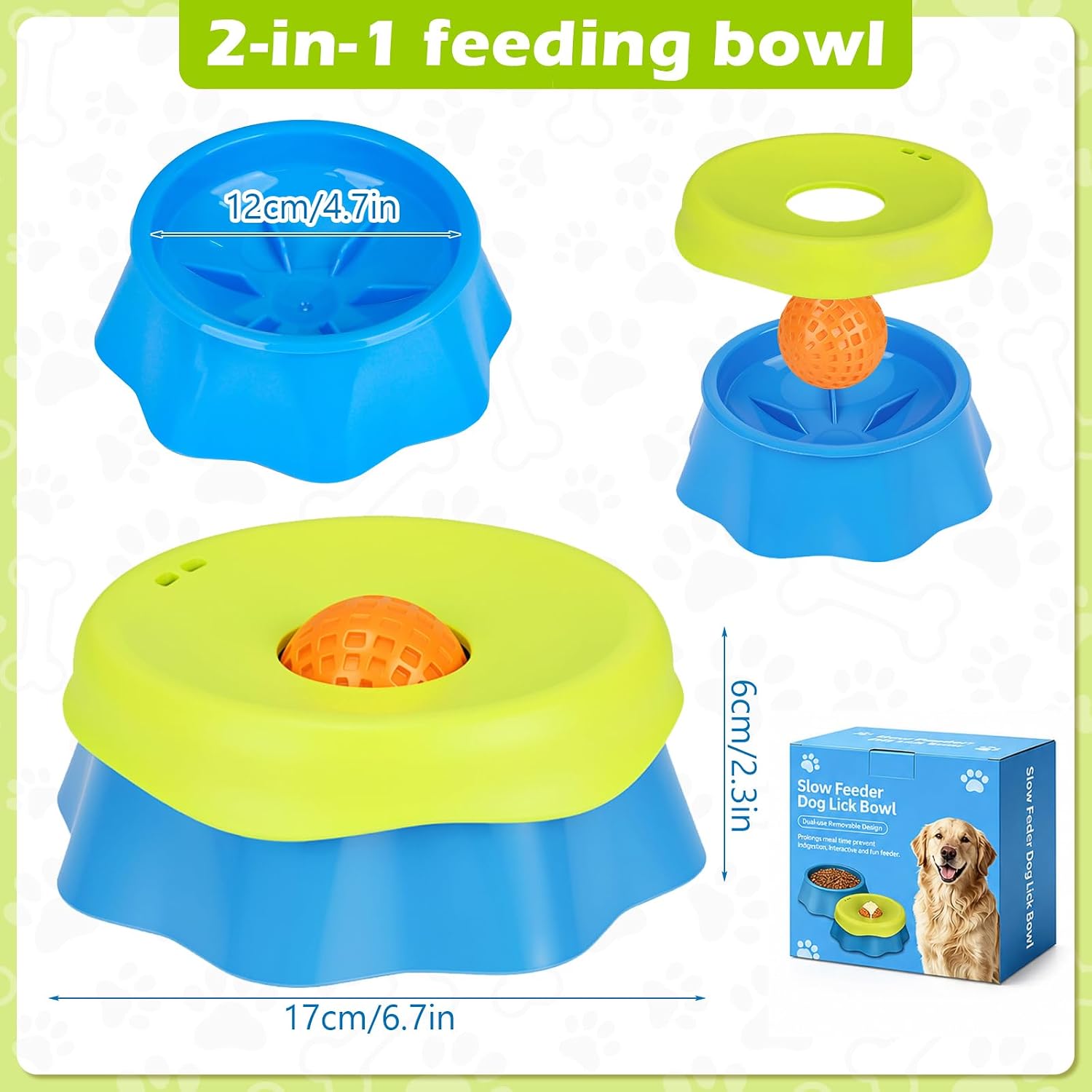 2in1 Dog Lick Bowl with Rolling Ball - Slow Feeder Dog Bowl for Large Medium Small Dogs & Cats, 5/6 Cup Non-Slip Lick and Roll Bowl for Yogurt Liquid Treats - 2