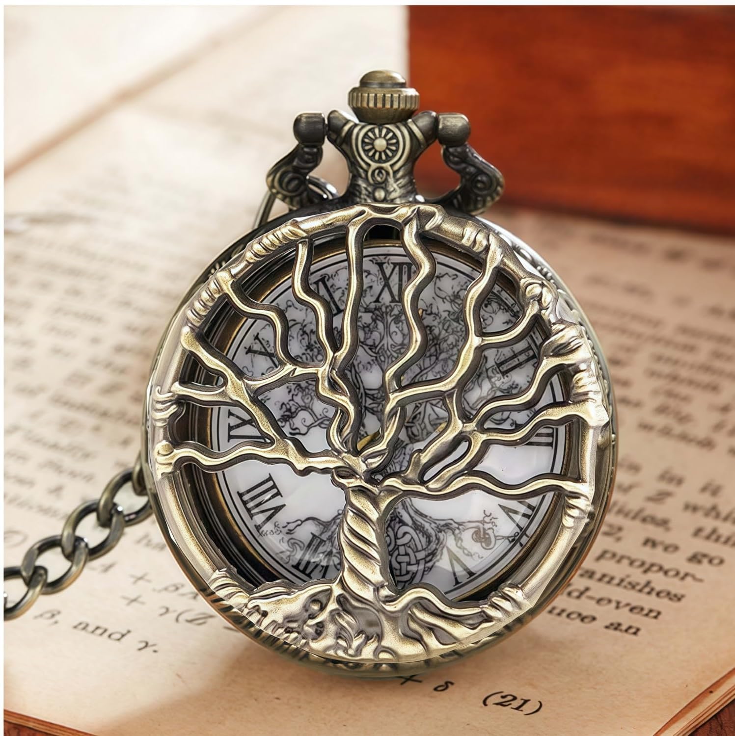 Pocket Watch Hollow Tree Design Roman Numerals Quartz Analog Antique Fob Watches