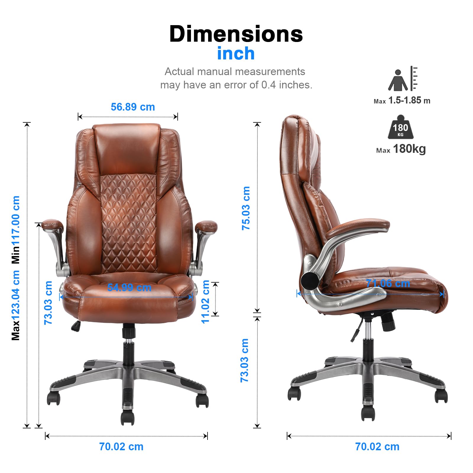 Bosmiller Bürostuhl Ergonomischer Chefsessel Bürostuhl 200 kg, Verstellbarer Rückenlehne, Hochklappbaren,Armlehnen, Schreibtischstuh Büro, Office Chair für Büro Computer Chefsessel, Braun