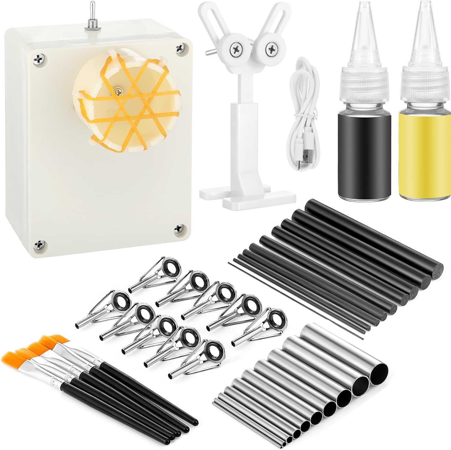 39 Pcs Fishing Rod Repair Kit, Include Fishing Rod Wrapping Winding Machine Rotator Set, 10 Top Guides 10 Repair Tubes 10 Carbon Fiber Inserts 2 Epoxy Glue 5 Paintbrush Rods Building Tool