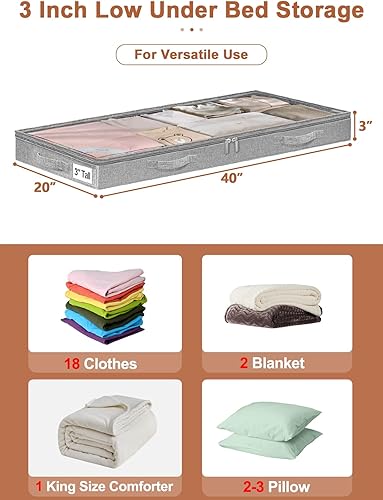 Miniatura 4 de Contenedores de almacenamiento de 3 pulgadas de perfil bajo para debajo de la cama con diseño sin resistencia, bolsas de almacenamiento de ropa poco