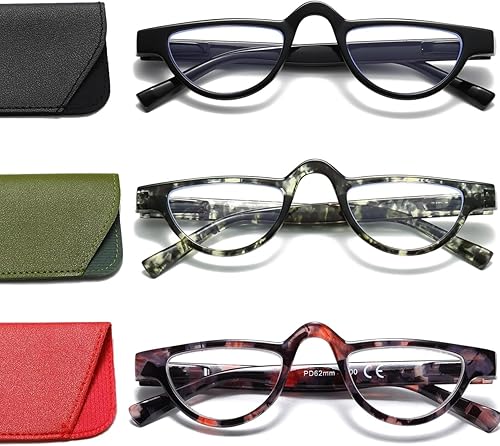Hubeye Gafas de lectura con marco de media luna, 3 pares de lectores de plástico ligero para mujeres y hombres con bisagra de resorte +1.0