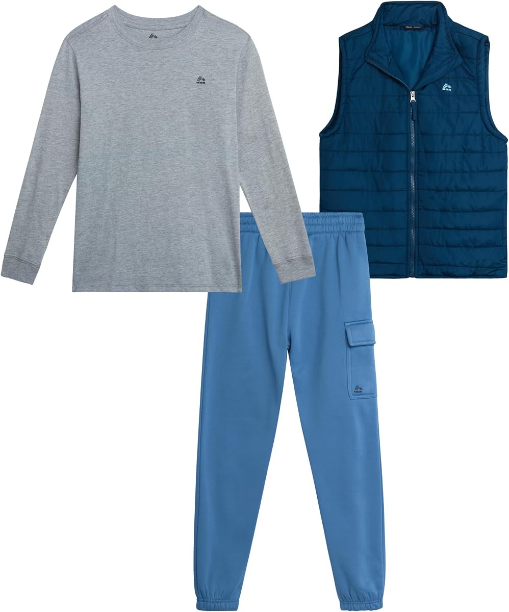 RBX Boys 3 Piece Puffer Vest, Long Sleeve Tee & Fleece Joggers 8-12 | Quilted Cozy Layering, Crew Neck Warmth, Stretch Waistband, Fall-Ready Style for School, Play & Chilly Weekend Plans