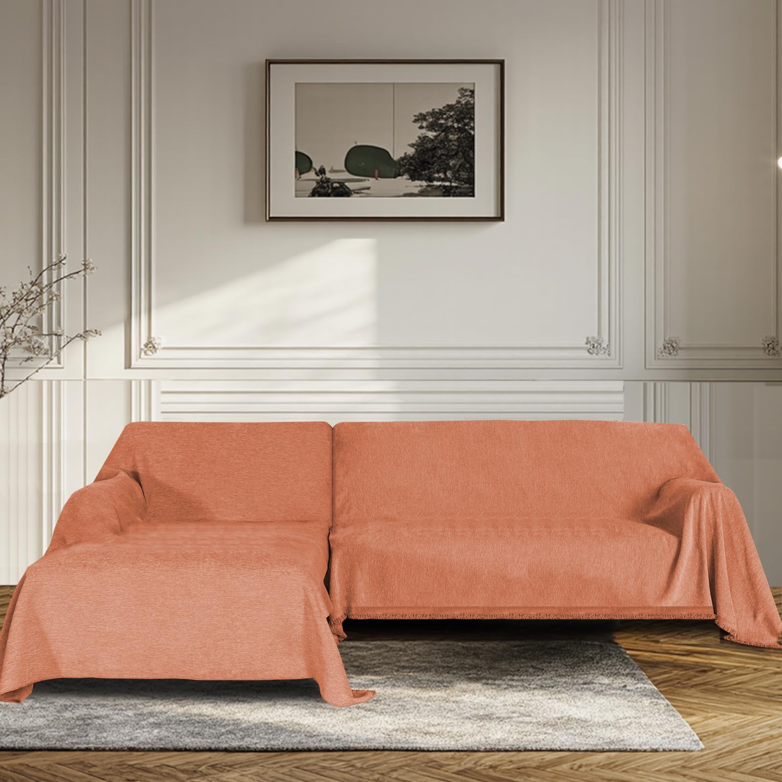 BellaHills Ciniglia Copridivano 3 Posti con Penisola Ciniglia, Nuovo Fodera per Divano Antiscivolo Antimacchia, Telo Copridivano con Braccioli Graffi Gatto (Arancione, 180230 cm x 180279 cm)