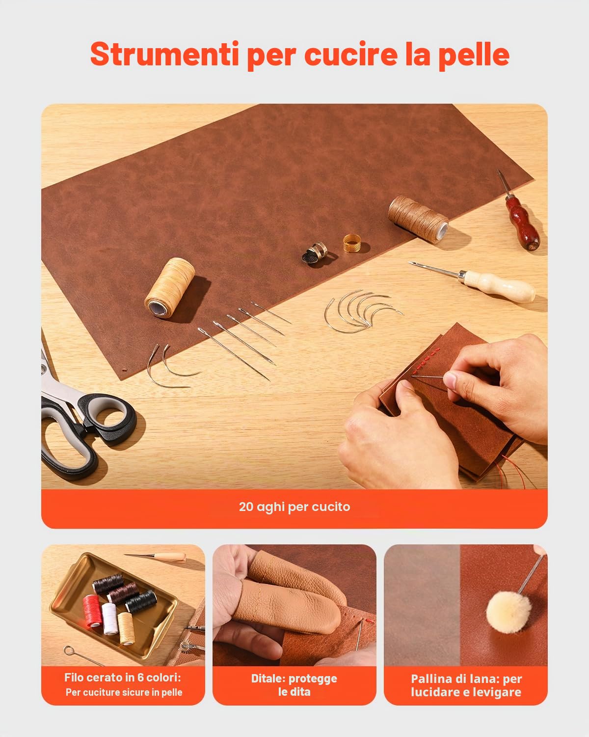 VEVOR Kit di Utensili per Lavorazione della Pelle, 72 Pezzi, Utensili per l'Artigianato della Pelle con Borsa Portaoggetti Portatile, per Incisione, Punzonatura, Cucito, Timbratura e Levigatura