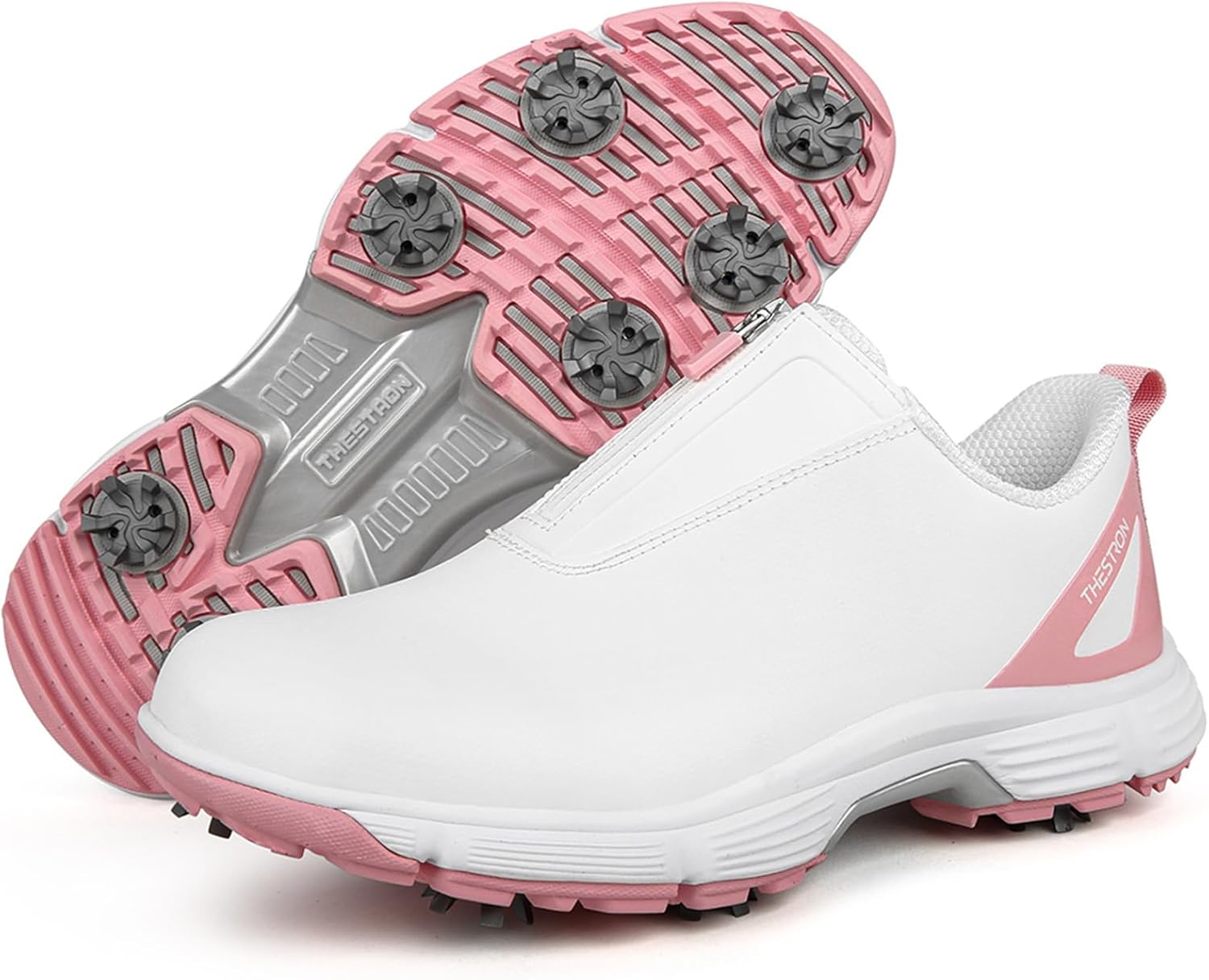 Women's Professional Golf Shoes, Waterproof Spikes Golf Training Sneakers Zipper Non-Slip Walking Slip-On Sports Shoes