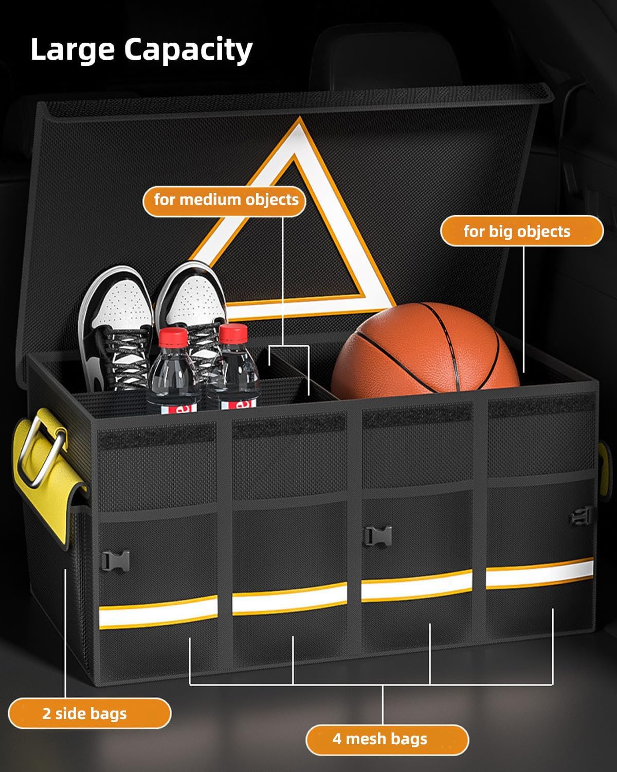 Organizer per bagagliaio con coperchio, 68 l, pieghevole, multifunzione, pieghevole, per auto, bagagliaio, impermeabile, per tutte le auto, campeggio, picnic, shopping (4 scomparti)