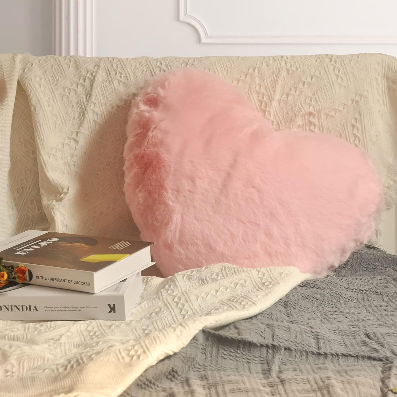 YRXRUS Throw Pillows Heart Pillow Pink Heart Shaped Pillows Children Room Faux Fur Rabbit Soft