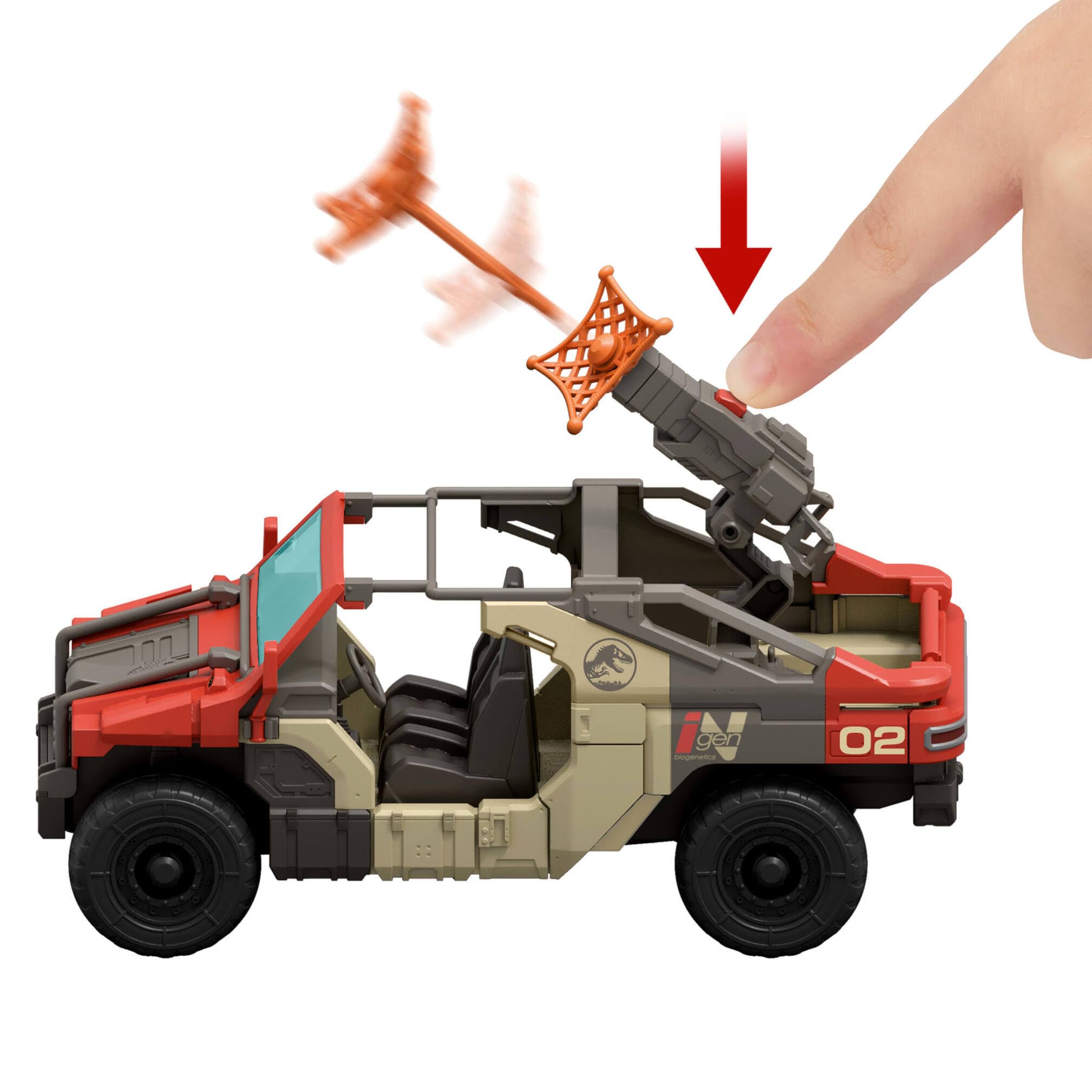 Mattel Jurassic World El Renacer Vehículo Persecución y captura con un humano y un dinosaurio, figura de Martin Krebs y velocirraptor, torreta y dos proyectiles, JGB59
