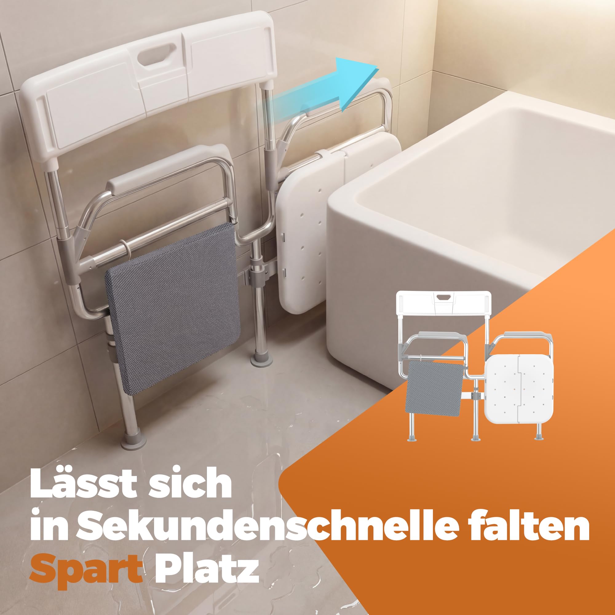 Duschstuhl klappbar Senioren mit Armlehnen, Duschkissen, bis 200 kg, XXL | Duschhocker mit Rückenlehne, 6-fach höhenverstellbar, extra breite Sitzfläche, erhöhte Sitzhöhe für Dusche und Badewanne