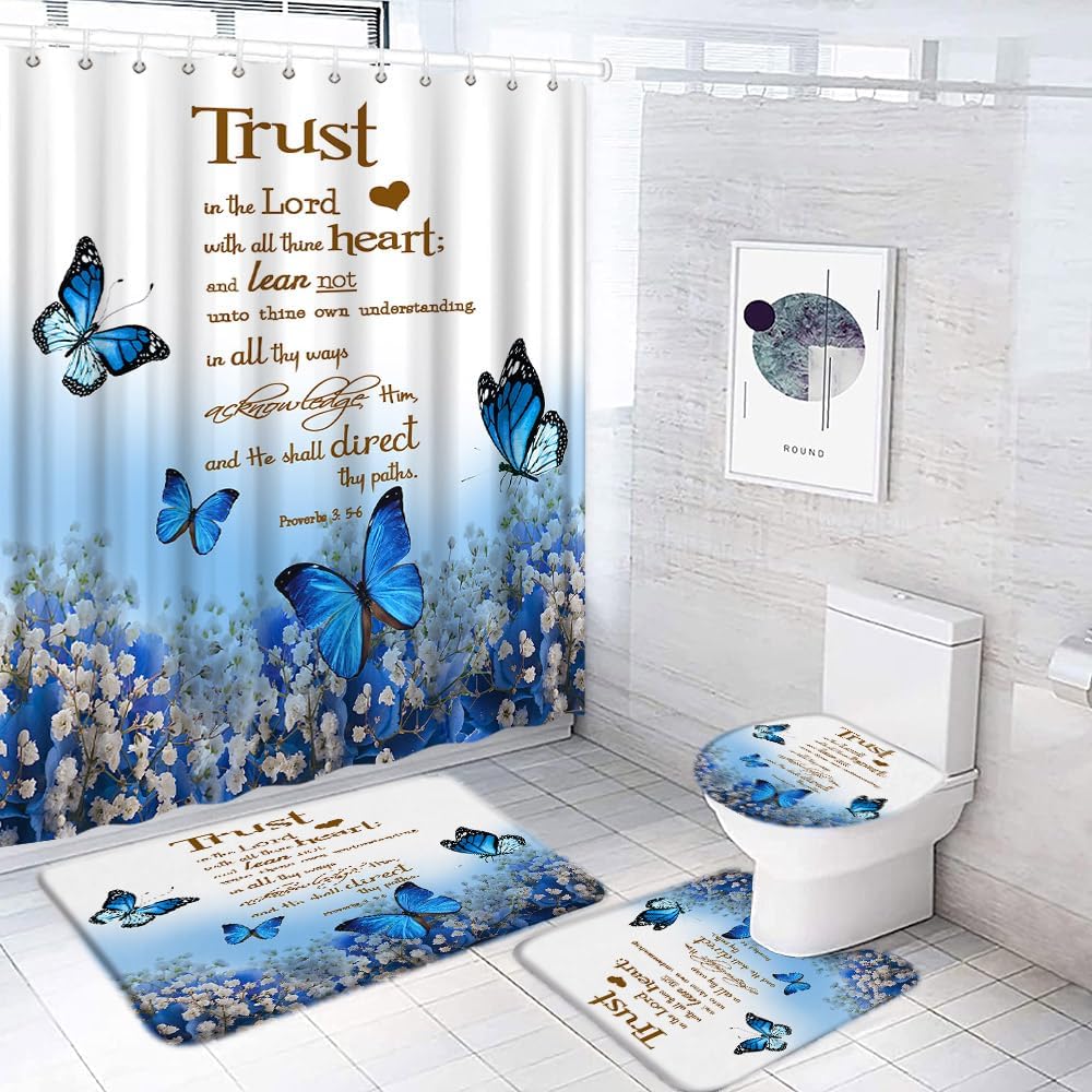 4 Piece Inspirational Quote Trust in The Lord Shower Curtain Sets Blue Teal Flower Butterfly Motivational Words Nature Bathroom Curtain,17.8"x29.5" Bath Mat,U-Shape Toilet Mat,Toilet Cover Rug