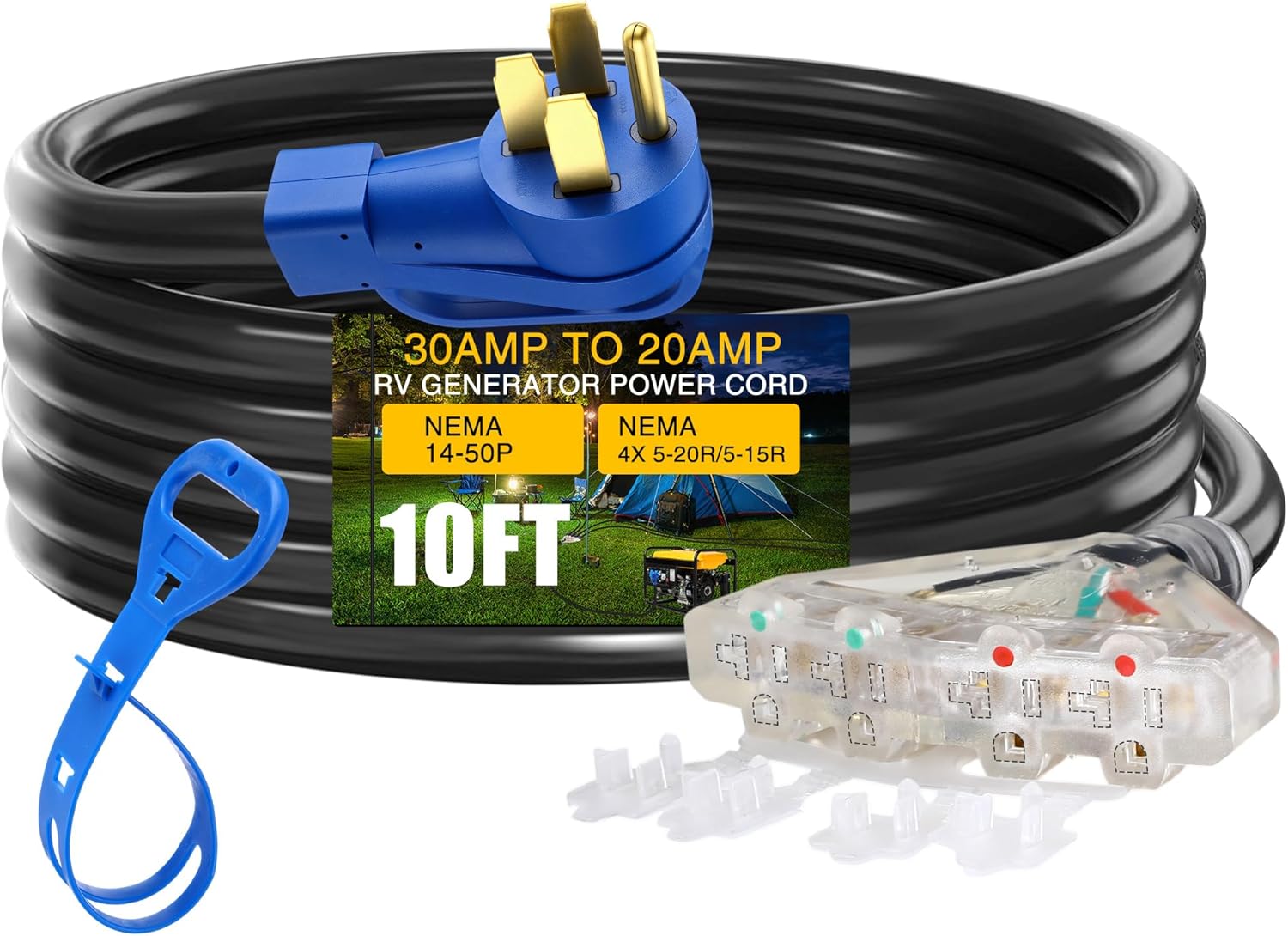 10FT 14-50P to 4x 5-20R/5-15R RV Generator Adapter, 4 Prong 50A to 4X 15/20A 110V Household Outlet Distribution Adapter, RV Generator Extension Cord with Cord Organizer 10 Gauge ETL Listed