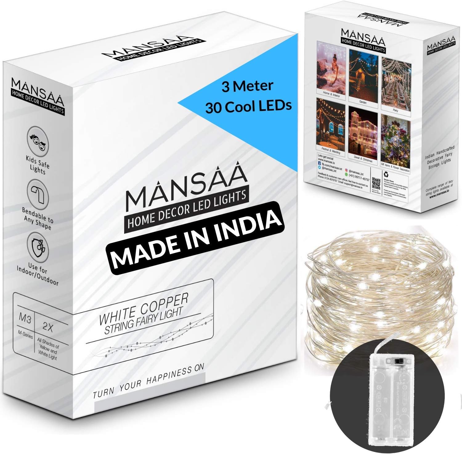 MANSAA M25 Battery Operated LED String Light | 3 Meter 30 LEDs | White Color | Battery Led Lights | Home Decor