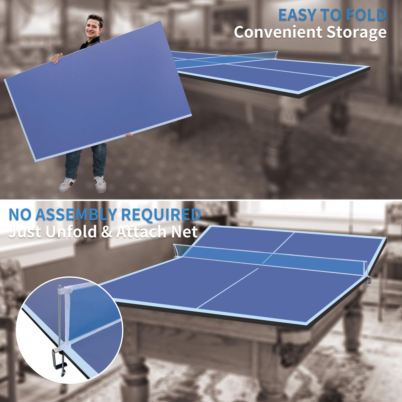 Tavolo da ping pong pieghevole per esterni e interni, resistente alle intemperie, in MDF da 12 mm, per casa, blu, 244 x 122 cm