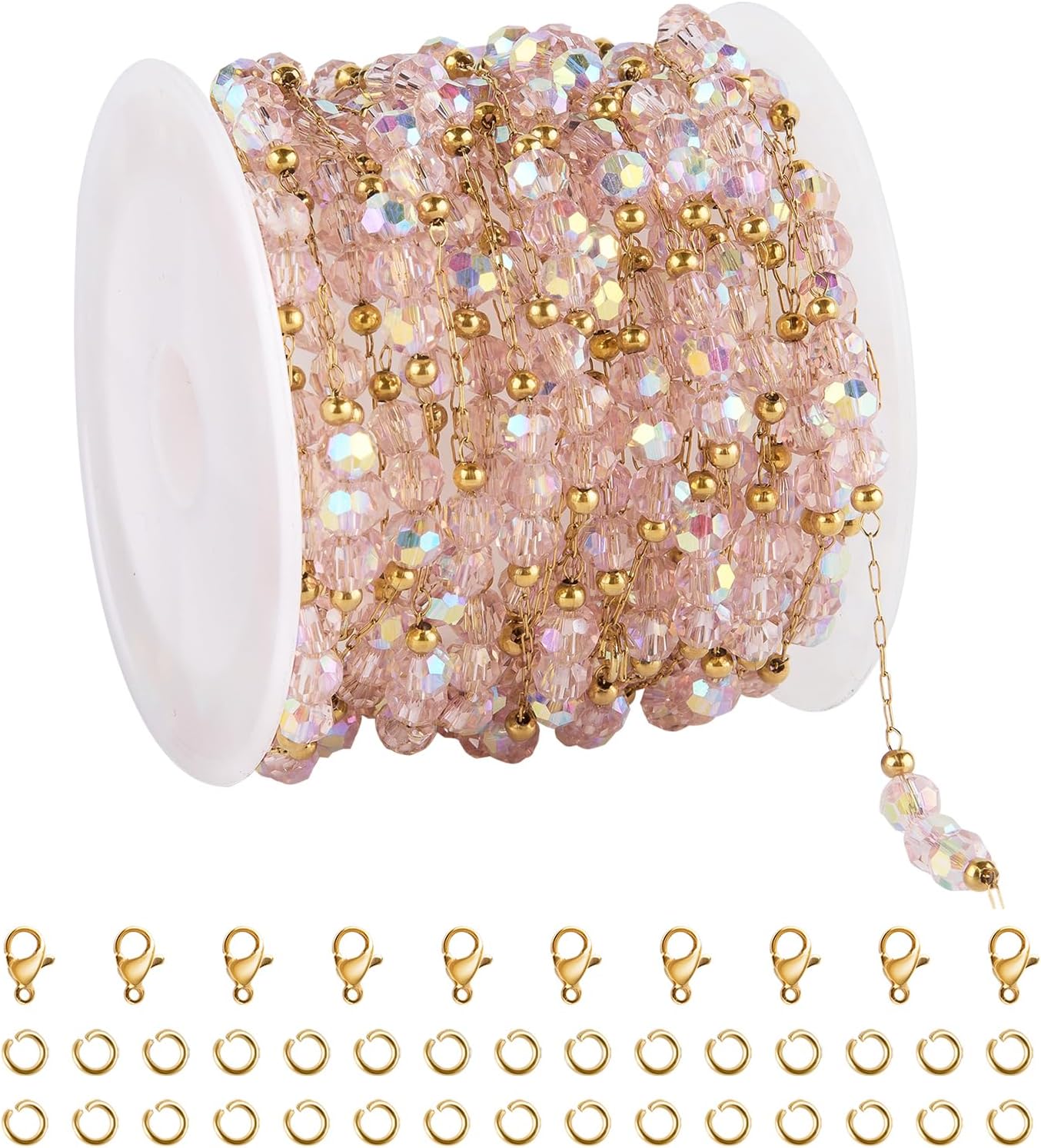 UMAOKANG 4 Meters Gold Plated Stainless Steel Chains for Jewelry Making Pink Crystal Jewelry Making Chain Roll