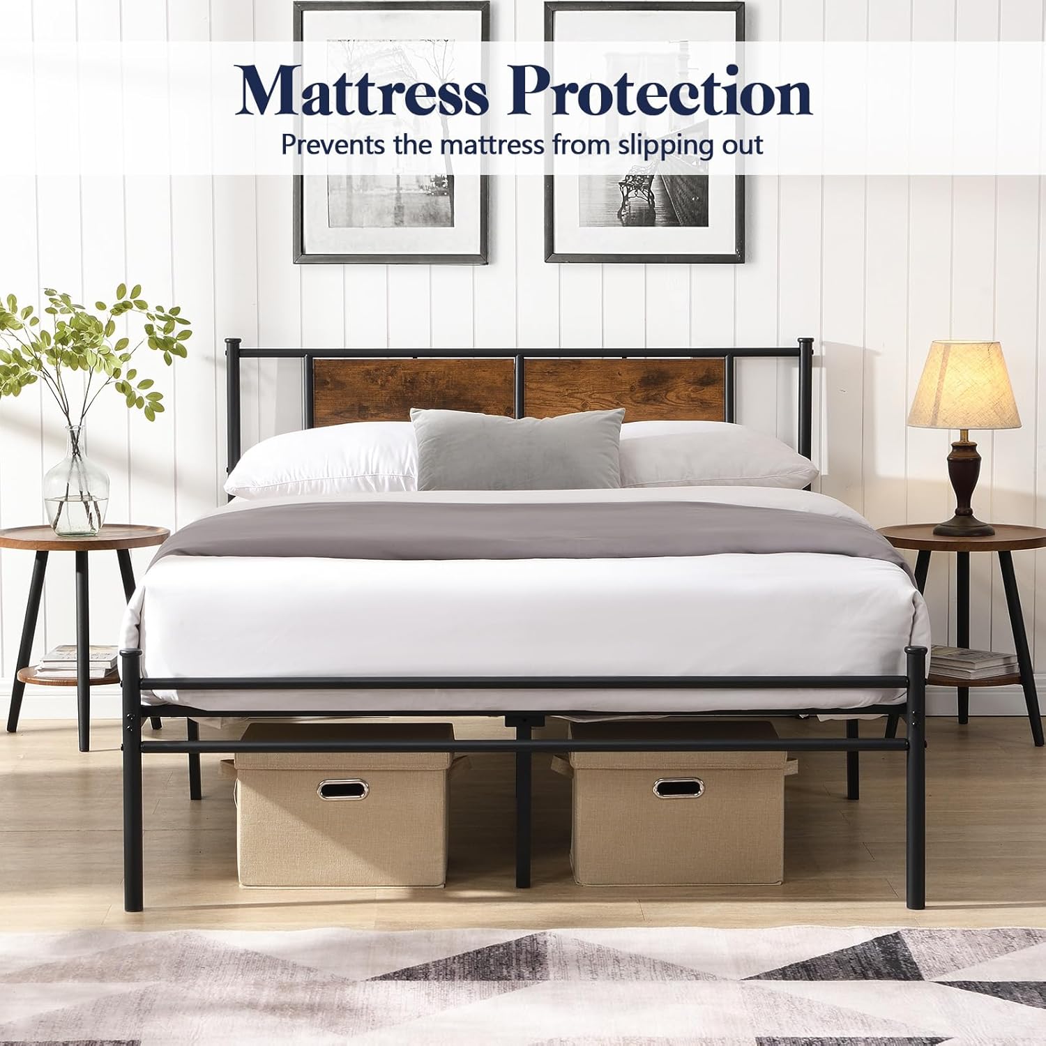 King Size Bed Frames，Rustic Industrial Bed Frame with Metal Heavy Duty Platform Bedframe with Slats Support, No Box Spring Needed, Easy Assembly (King)