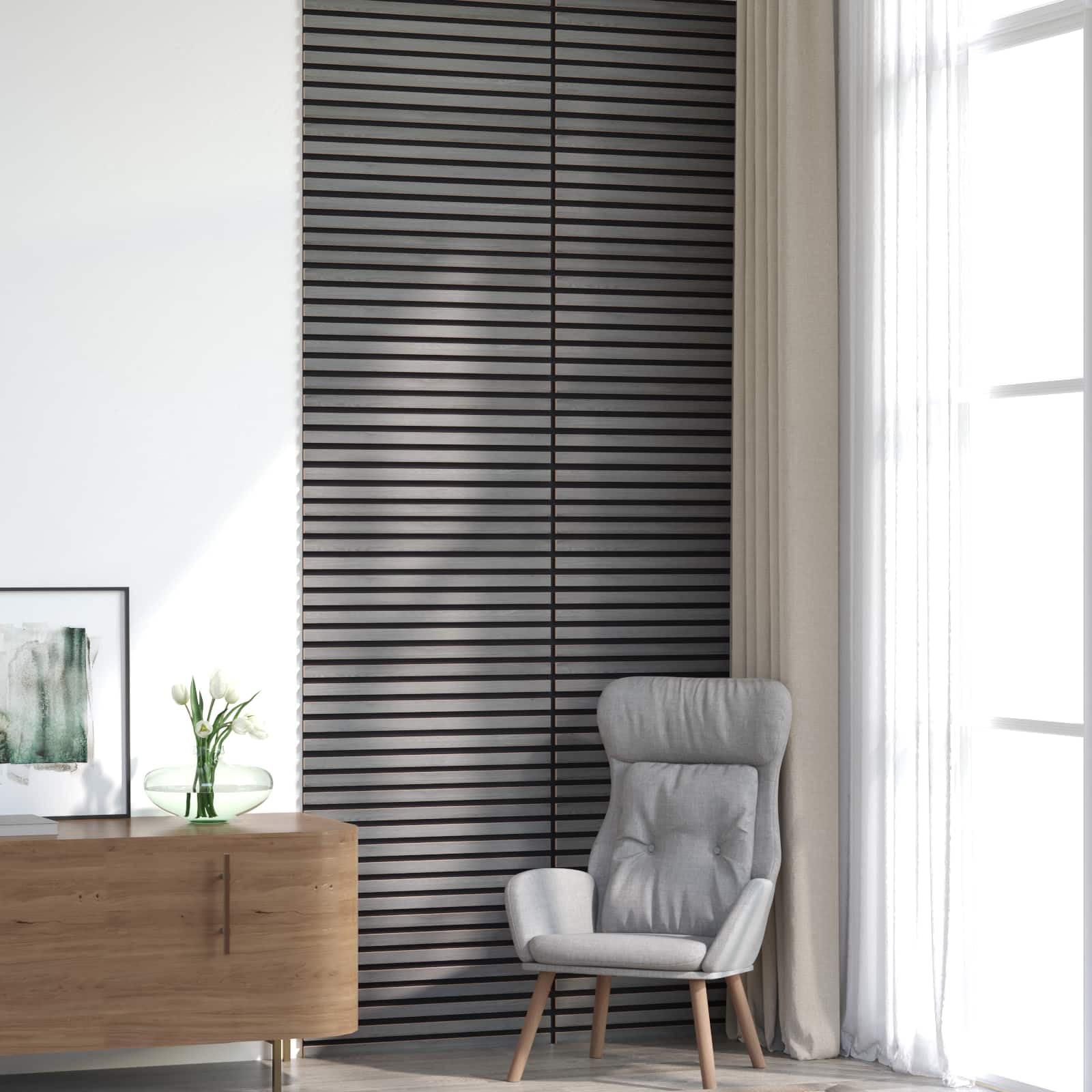 Set di 8 pannelli da parete in legno impiallacciato di rovere grigio, 60,5 x 60 cm, rivestimento murale per interni ed esterni, pannelli acustici per un design moderno