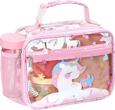 Bagseri Clear Kids Lunch Bags - Girls Lunch Box for School Reusable Snack Bag with Water Bottle Holder Stadium Approved Clear Bag, Pink Cute Unicorn