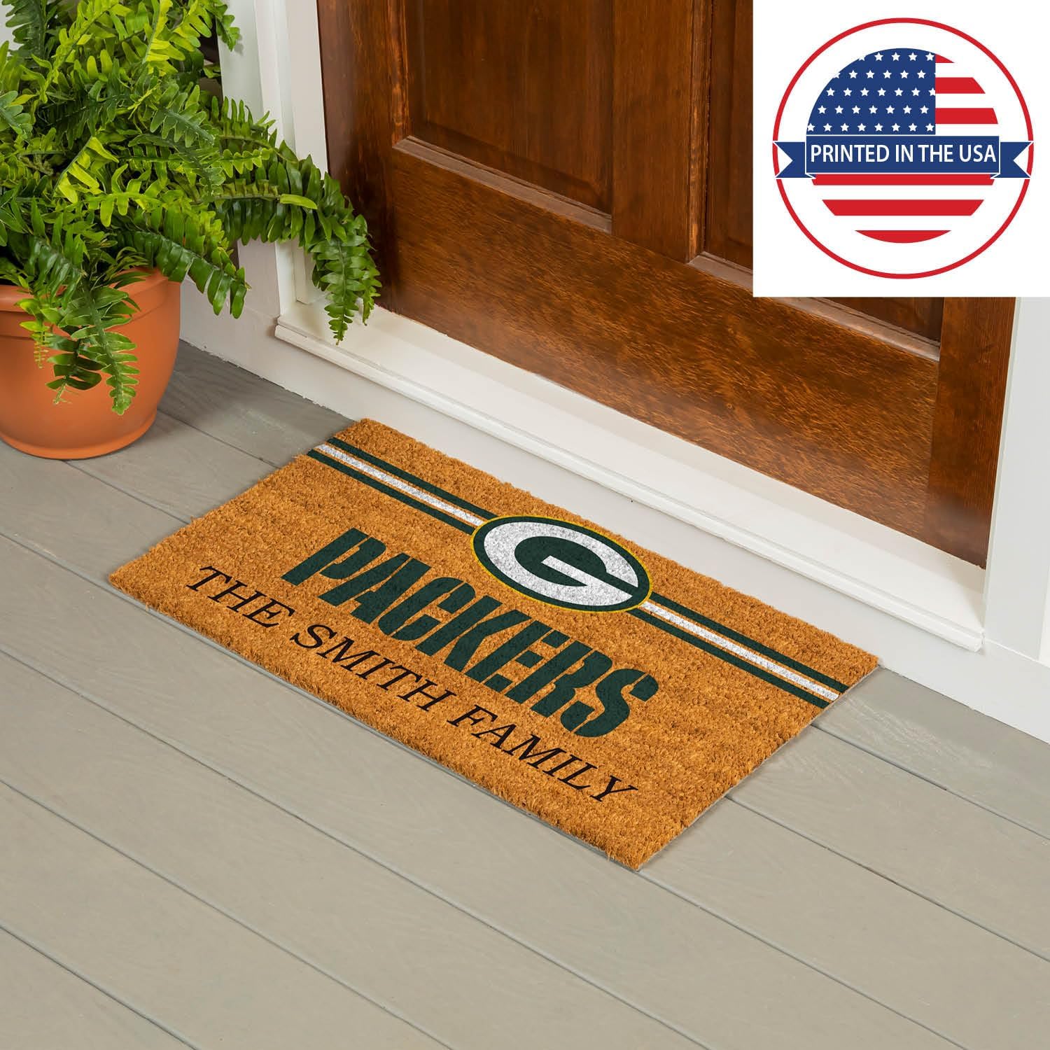 Team Sports America NFL Green Bay Packers Personalized Coir Door Mat, 18 x 30 Inches Custom Name Doormat with Non Slip Back, Front Door Welcome Mats
