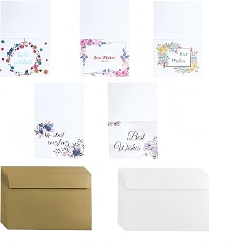 Pack of 50 5 Different Designs of 14 x 9.3 cm Blank Greeting Cards with 2 Colours of 50 Pieces 16 x 11 cm Small Envelopes (White Light Brown) Card Thank You for Birthday Party Thank You Cards (Best Wish)