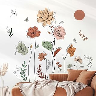 decalmile Boho Flower Wall Decals - Removable Peel & Stick Floral Plants Grass Stickers for Bedroom Living Room Nursery Decor