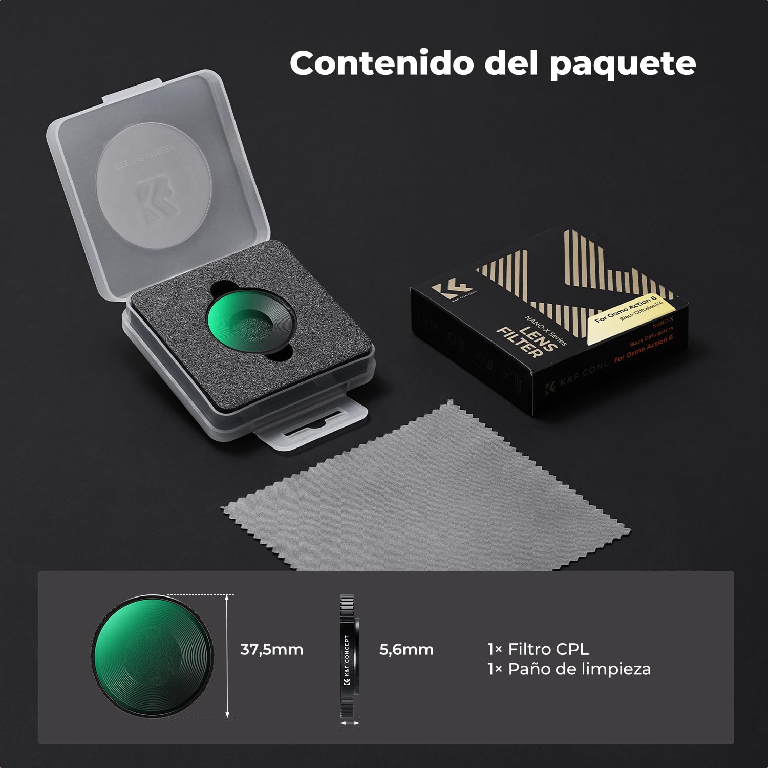 K&F CONCEPT Filtro Black Diffusion 1/4 de Roscado Compatible con dji Osmo Action 6, Accesorios para Cámara de Acción Multirrevestidos/Cristal Óptico/Marco de Aleación de Aluminio