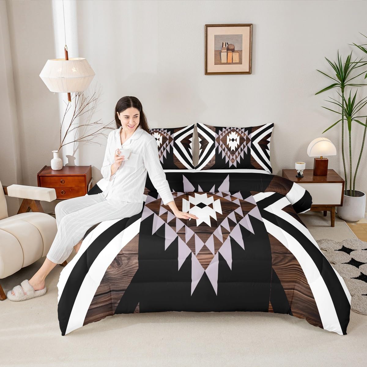 Feelyou Black Brown Rustic Western Bedding Set Queen Size Southwestern Aztec Tribal Comforter Set for Boys Girls Vintage Geometric Duvet Quilt Soft