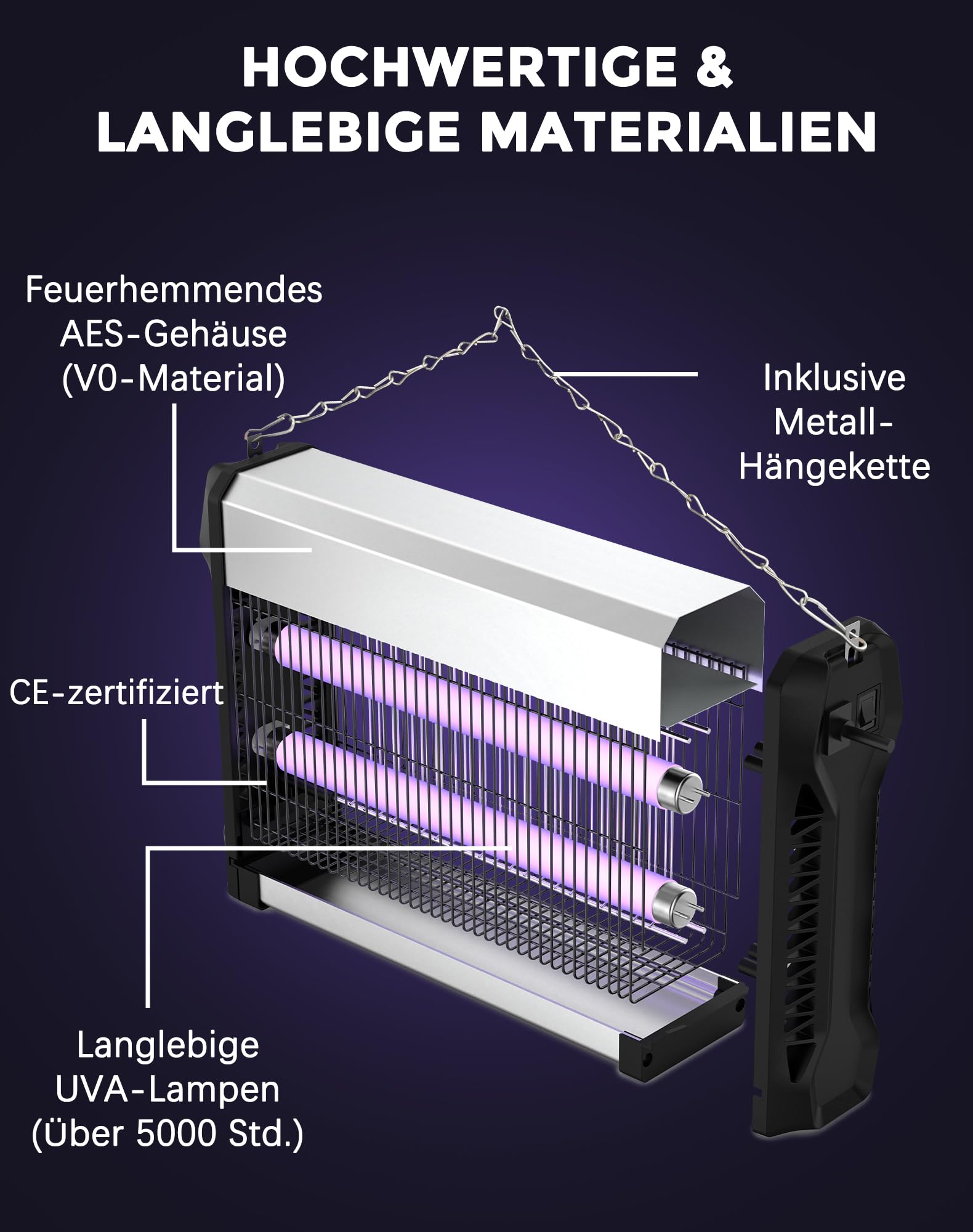 Insektenvernichter Elektrisch 2500V UV Fliegenfalle 20W, 100㎡ Abdeckung Mückenlampe mit V0 Flammschutz, Lautlose Mückenfalle Elektrisch für Innen und Aussen, Schlafzimmer, Büro