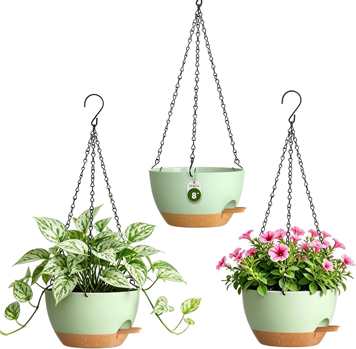 8 Inch Self Watering Hanging Planters Set of 3 with Saucers | Set of 3 8-inch self-watering hanging planters with side-fill watering ports, chain hangers & snap-on saucers
