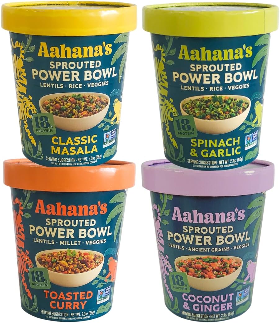 Aahana’s Sprouted Power Bowl Variety Pack - Gluten-Free, Plant-Based Instant Meal with Sprouted Lentils- 18g Protein, 12-14g High Fiber, Vegan, Non-GMO, Kosher - Just Add Water (4 Pack)
