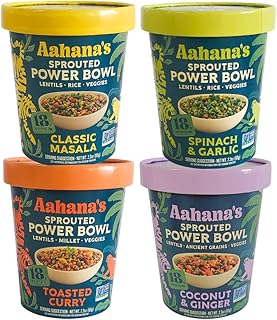 Aahana’s Sprouted Power Bowl Variety Pack - Gluten-Free, Plant-Based Instant Meal with Sprouted Lentils- 18g Protein, 12-14g High Fiber, Vegan, Non-GMO, Kosher - Just Add Water (4 Pack)