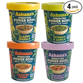 Aahana's Sprouted Power Bowls - Lentiils Ready to Eat | Vegan, Gluten-Free, Plant-Based Food | High Protein - Ready Meals - No Refrigeration | Microwave or Just Add Water Meals - Kosher - Indian Food (4 Pack)