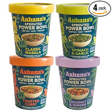 Aahana's Sprouted Power Bowls - Lentiils Ready to Eat | Vegan, Gluten-Free, Plant-Based Food | High Protein - Ready Meals - No Refrigeration | Microwave or Just Add Water Meals - Kosher - Indian Food (4 Pack)
