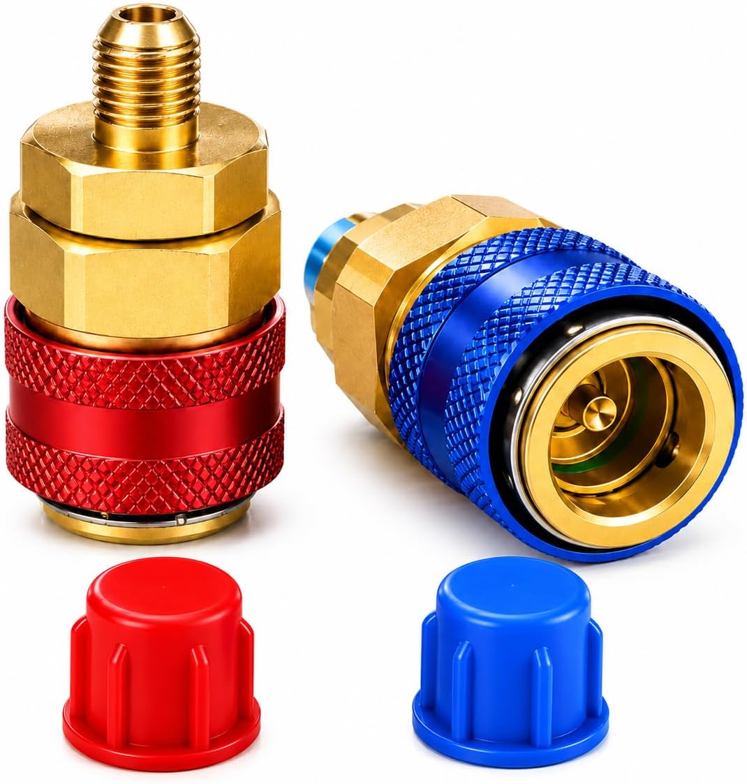 R134a Quick Coupler Kit, 2 Pack, 1/4 SAE Thread, Compatible with Manifold Gauges, Automotive AC Adapter for Refrigerant Recharge, Fits Mini Split Car Air Conditioning Maintenance