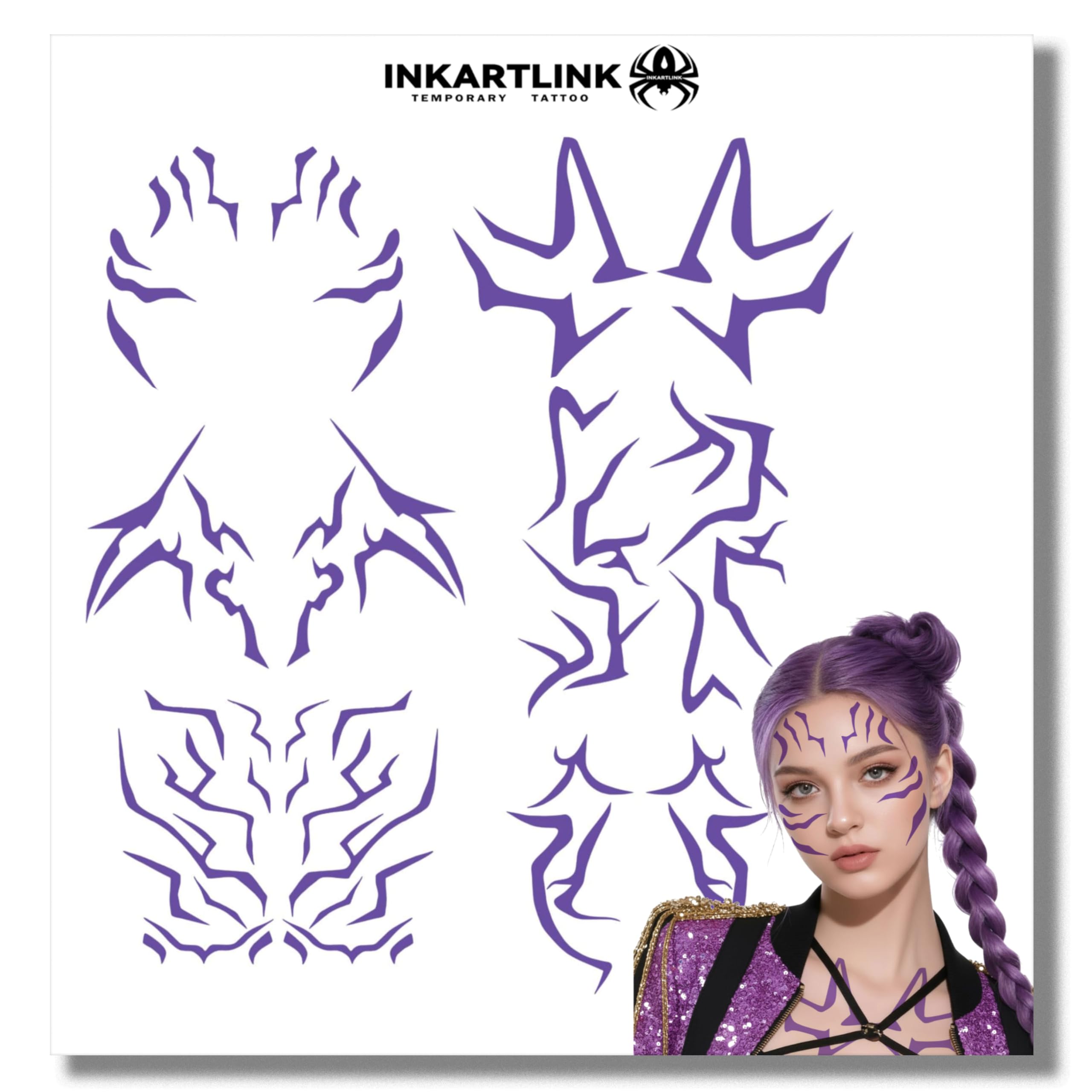 INKARTLINK Rumi Tattoos Kpop Demon Movie Hunters, 8PCS Purple Lightning Patterns Tattoo Stickers, Fake Face Tattoos for Kids Women Men, Cosplay Costume Accessories(Purple)