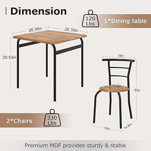 Miniatura 2 de VECELO Juego de mesa y sillas de comedor de 3 piezas para 2, juego de comedor cuadrado de metal y madera para espacios pequeños, rincón de desayuno,