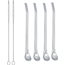 4 PCS Yerba Mate Tea Stainless Steel Drinking Straws with Filter Spoon Reusable Metal Straws with 2 Cleaning Brushes Silver