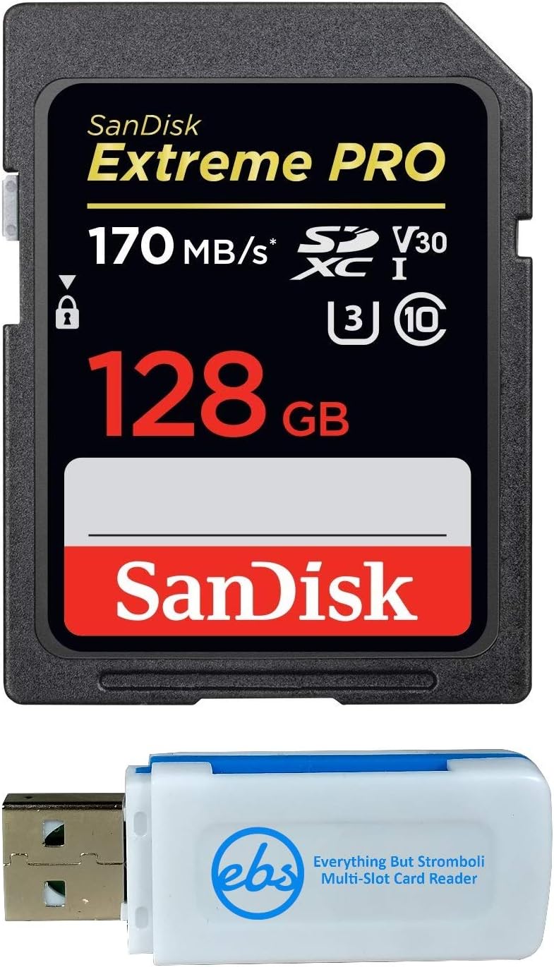 SanDisk Extreme Pro Memory Card Works with Nikon D3400, D3300, D750, D5500, D5300, D500, AW130, W100, L840, A900, P530 Digital Camera SD 4K with Everything But Stromboli Combo Reader (Class 10 128GB)