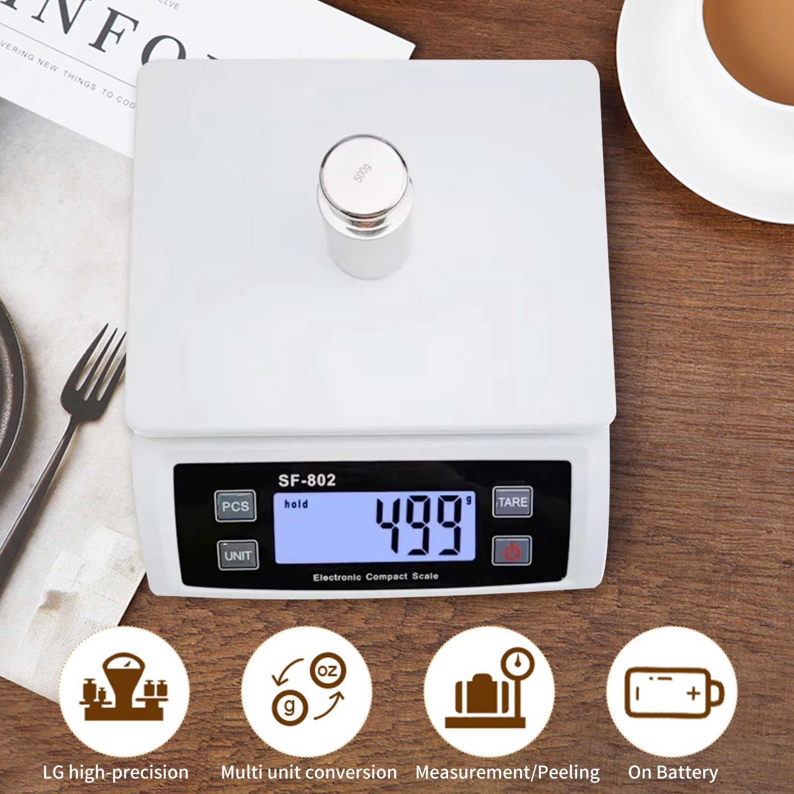 Balance de cuisine numérique 30 kg/0,1 g avec écran LCD, fonction tare, haute précision, fonctionne sur piles, balance à fruits avec 4 unités de mesure pour la cuisine et la pâtisserie (blanche)
