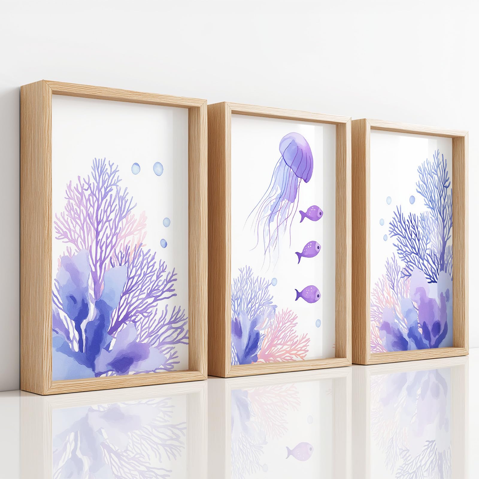 Générique 3 Plakat Dekoracja Ścienna Akwarela Ocean, Duży Plakat Ścienny Minimalistyczny Świeże Świeże Zwierzę Koral Meduza Pokojowe Obrazy Na Korytarz Bankiety Kuchnia, 40 x 50 cm