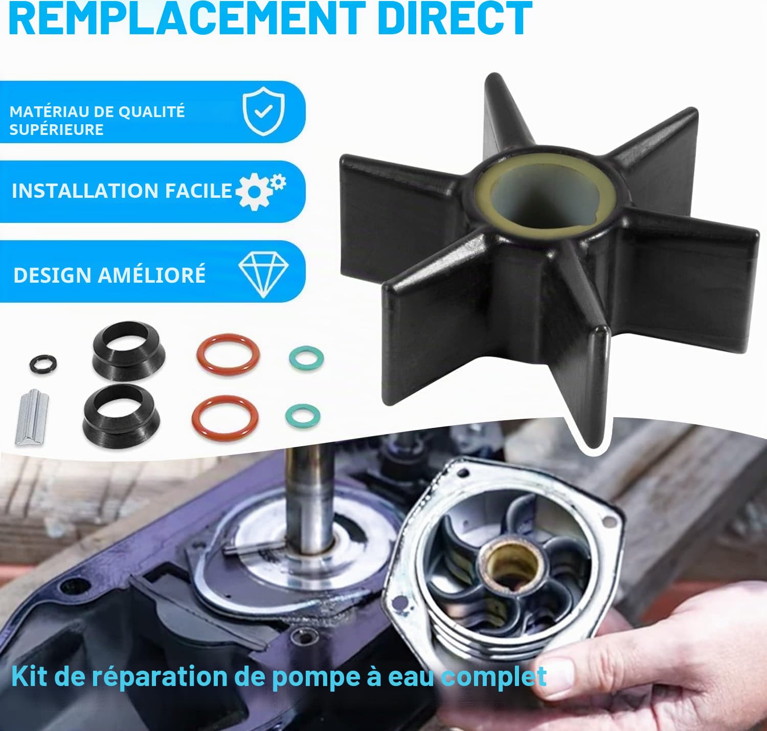 Kit de réparation de pompe à eau pour moteurs hors-bord Mercury Mariner 40-250 CV et MerCruiser Alpha One Gen 2 - Kit complet avec turbine, joints et plaque de montage [Compatible avec 47-8M0100526]